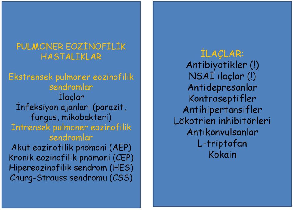 pnömoni (CEP) Hipereozinofilik sendrom (HES) Churg-Strauss sendromu (CSS) İLAÇLAR: Antibiyotikler (!