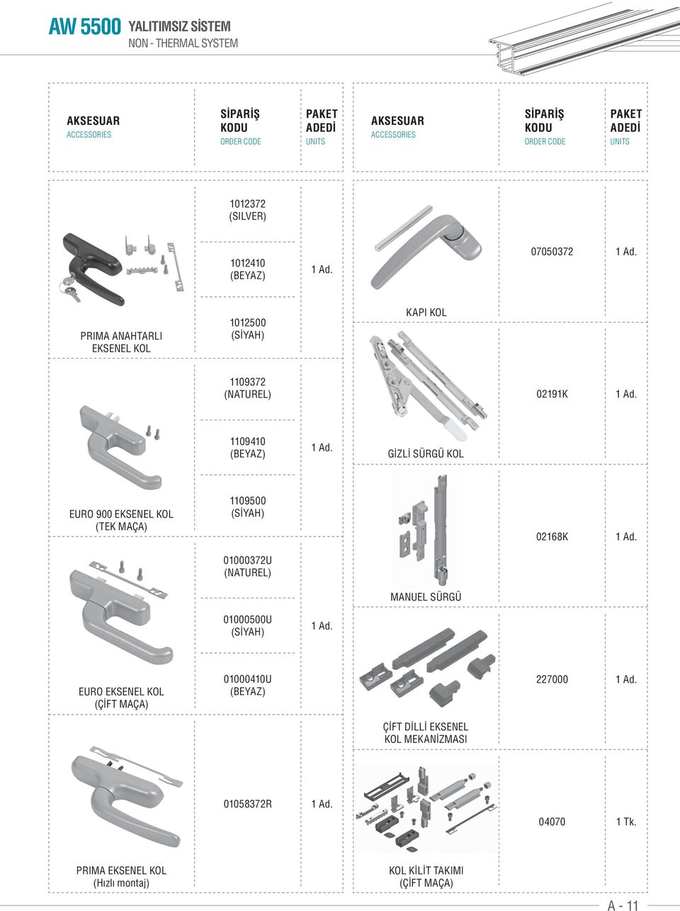 110910 (BEYAZ) 1 Ad. GİZLİ SÜRGÜ KOL EURO 900 EKSENEL KOL (TEK MAÇA) 1109500 (SİYAH) 02168K 1 Ad. 01000372U (NATUREL) MANUEL SÜRGÜ 01000500U (SİYAH) 1 Ad.
