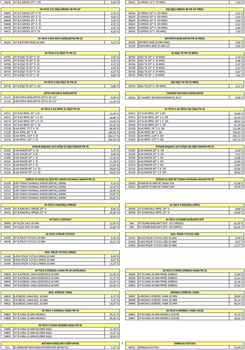 DİRSEK 25* ¾ DD NİKEL 4,53 TL 34610 HT B.D.DİRSEK 32* ¾ İD 5,55 TL 36624 D.DİRSEK 32* ¾ DD NİKEL 5,84 TL 34612 HT B.D.DİRSEK 32*1 İD 8,26 TL 36626 D.