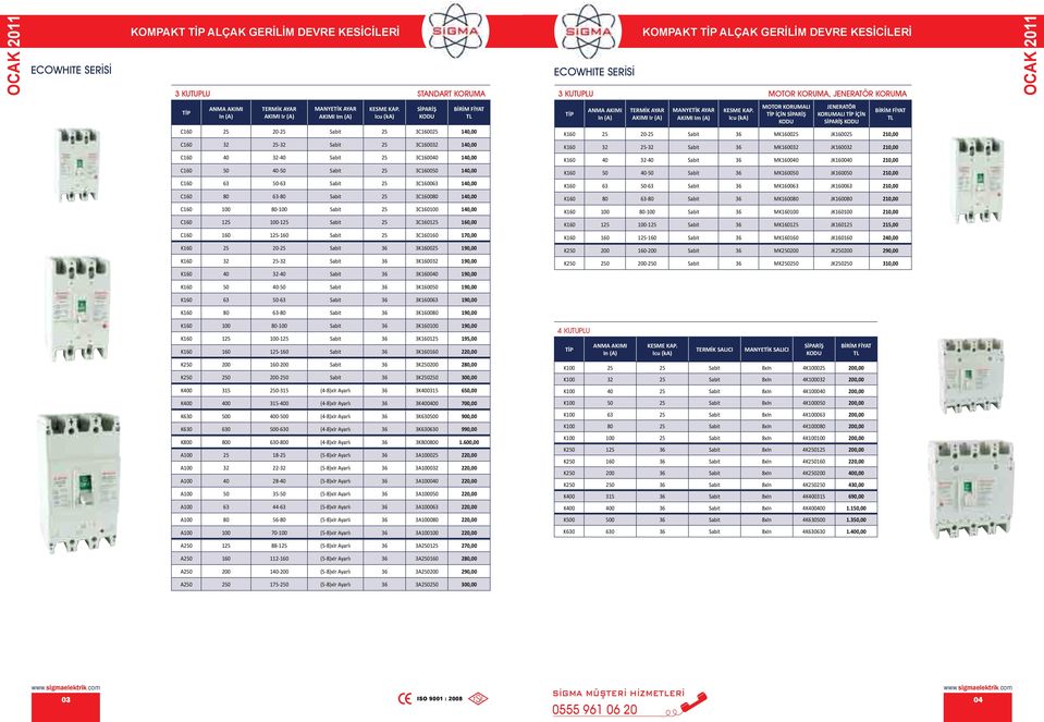 Icu (ka) MOTOR KORUMALI İÇİN SİPARİŞ JENERATÖR KORUMALI İÇİN BİRİM FİYAT K160 25 20-25 Sabit 36 MK160025 JK160025 210,00 C160 32 25-32 Sabit 25 3C160032 140,00 K160 32 25-32 Sabit 36 MK160032