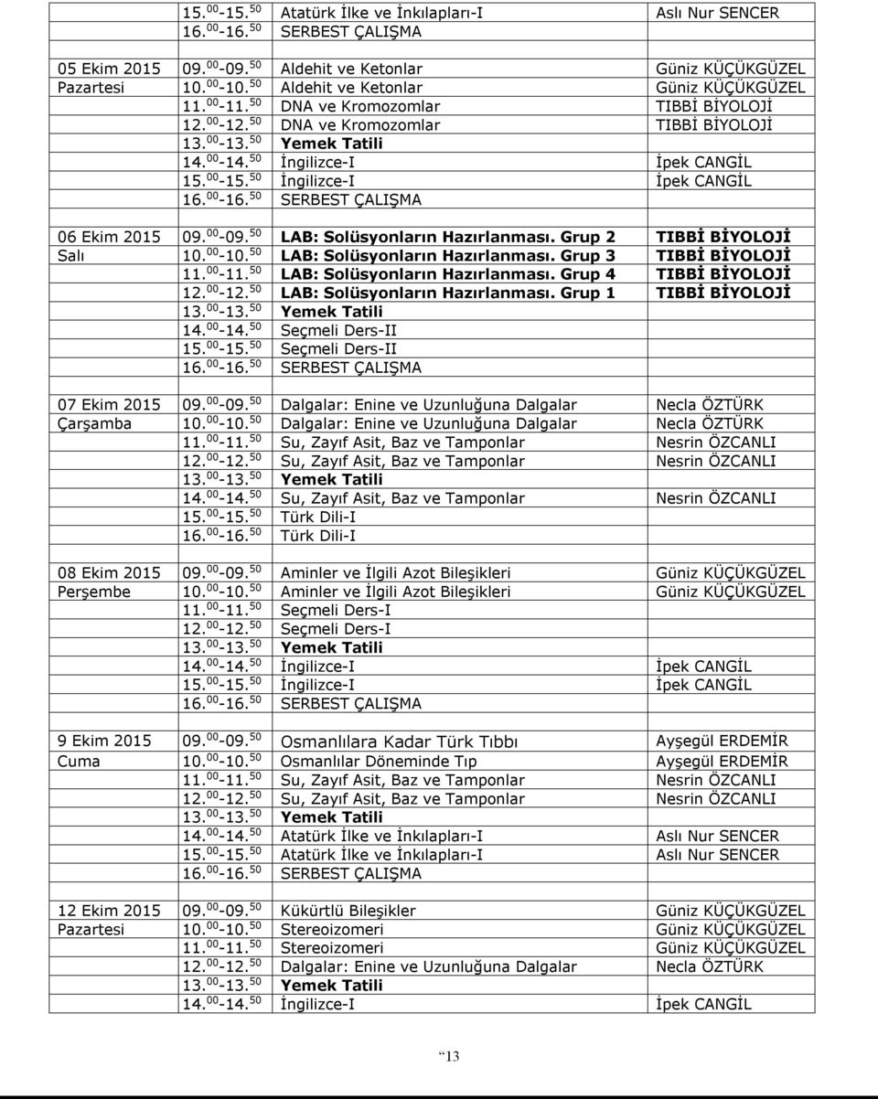 50 LAB: Solüsyonların Hazırlanması. Grup 2 TIBBİ BİYOLOJİ Salı 10. 00-10. 50 LAB: Solüsyonların Hazırlanması. Grup 3 TIBBİ BİYOLOJİ 11. 00-11. 50 LAB: Solüsyonların Hazırlanması. Grup 4 TIBBİ BİYOLOJİ 12.