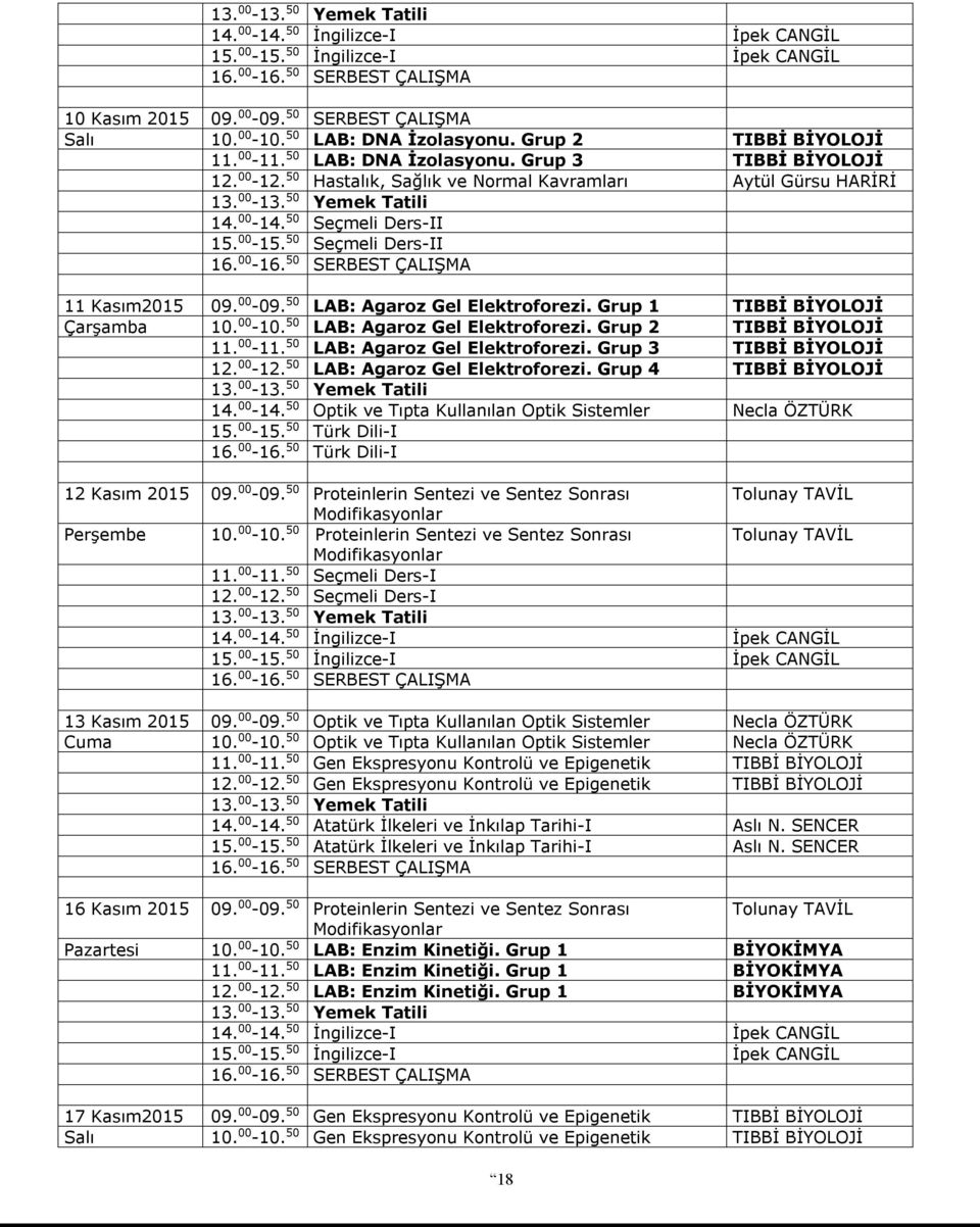 50 LAB: Agaroz Gel Elektroforezi. Grup 1 TIBBİ BİYOLOJİ Çarşamba 10. 00-10. 50 LAB: Agaroz Gel Elektroforezi. Grup 2 TIBBİ BİYOLOJİ 11. 00-11. 50 LAB: Agaroz Gel Elektroforezi. Grup 3 TIBBİ BİYOLOJİ 12.