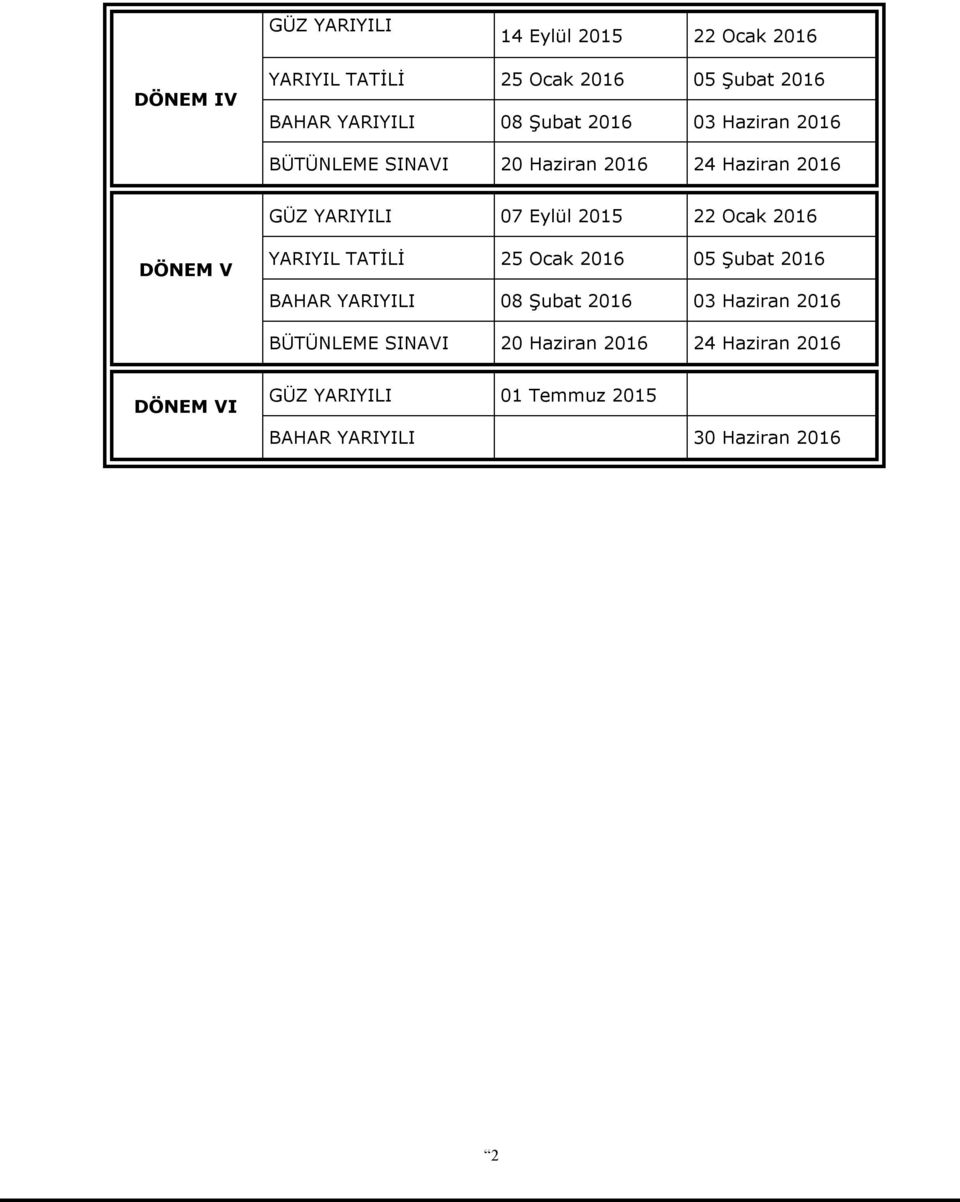 Ocak 2016 DÖNEM V YARIYIL TATİLİ 25 Ocak 2016 05 Şubat 2016 BAHAR YARIYILI 08 Şubat 2016 03 Haziran 2016