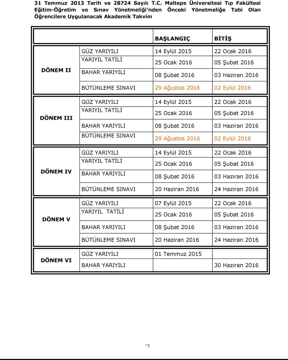 Ocak 2016 YARIYIL TATİLİ 25 Ocak 2016 05 Şubat 2016 BAHAR YARIYILI 08 Şubat 2016 03 Haziran 2016 BÜTÜNLEME SINAVI 29 Ağustos 2016 02 Eylül 2016 DÖNEM III DÖNEM IV GÜZ YARIYILI 14 Eylül 2015 22 Ocak