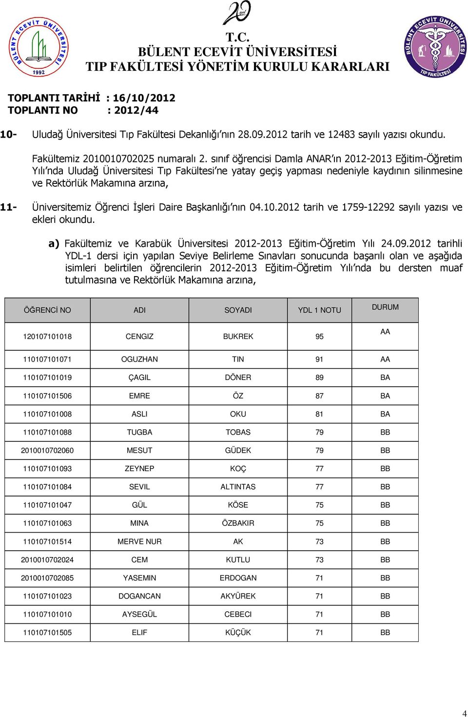 Öğrenci İşleri Daire Başkanlığı nın 04.10.2012 tarih ve 1759-12292 sayılı yazısı ve a) Fakültemiz ve Karabük Üniversitesi 2012-2013 Eğitim-Öğretim Yılı 24.09.