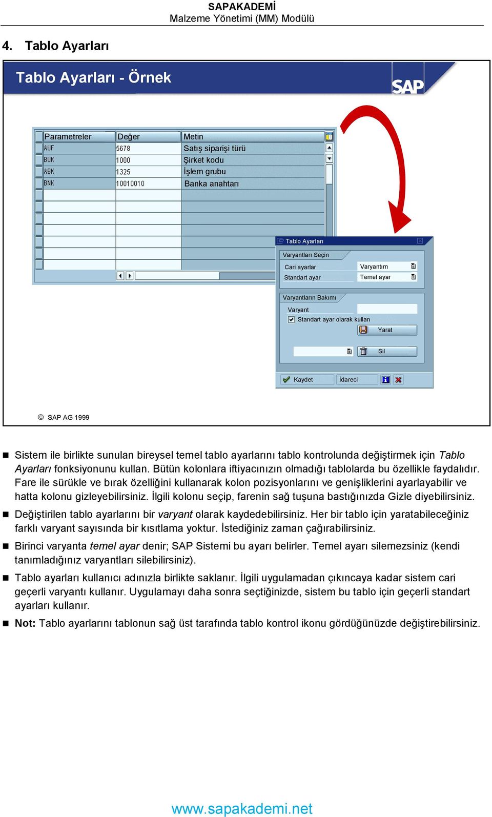 Tablo Ayarları fonksiyonunu kullan. Bütün kolonlara iftiyacınızın olmadığı tablolarda bu özellikle faydalıdır.