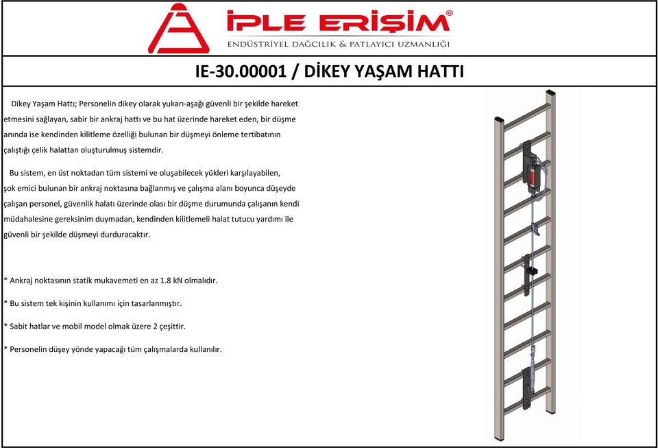 anında ise kendinden kilitleme özelliği bulunan bir düşmeyi önleme tertibatının çalıştığı çelik halattan oluşturulmuş sistemdir.