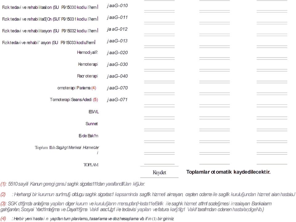 . Kemoterapi Racr oterapi omoterapi P anlama (4) TomoterapiSeans Adedi (5) j aag-010 j aag-011 ja ag-012 j aag-013 j aag-020 j aag-030 j aag-040 j aag-070 j aag-071 ESWL Sunnet Evde Bak1m Top/um 1?