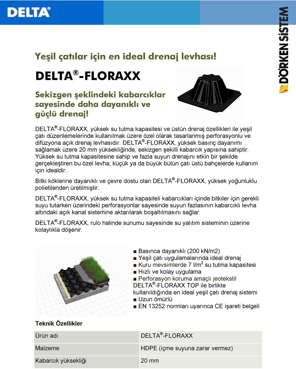 DELTA -FLORAXX, yüksek basınç dayanımı sağlamak üzere 20 mm yüksekliğinde, sekizgen şekilli kabarcık yapısına sahiptir.