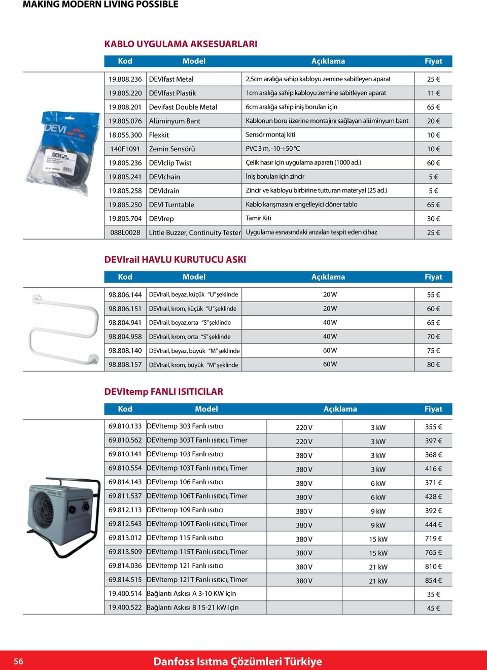 ) 60 19.805.241 DEVIchain İniş boruları için zincir 5 19.805.258 DEVIdrain Zincir ve kabloyu birbirine tutturan materyal (25 ad.) 5 19.805.250 DEVI Turntable Kablo karışmasını engelleyici döner tablo 19.