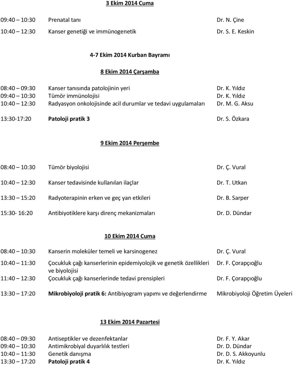 Özkara 9 Ekim 2014 Perşembe 08:40 10:30 Tümör biyolojisi Dr. Ç. Vural 10:40 12:30 Kanser tedavisinde kullanılan ilaçlar Dr. T. Utkan 13:30 15:20 15:30-16:20 Radyoterapinin erken ve geç yan etkileri Antibiyotiklere karşı direnç mekanizmaları Dr.