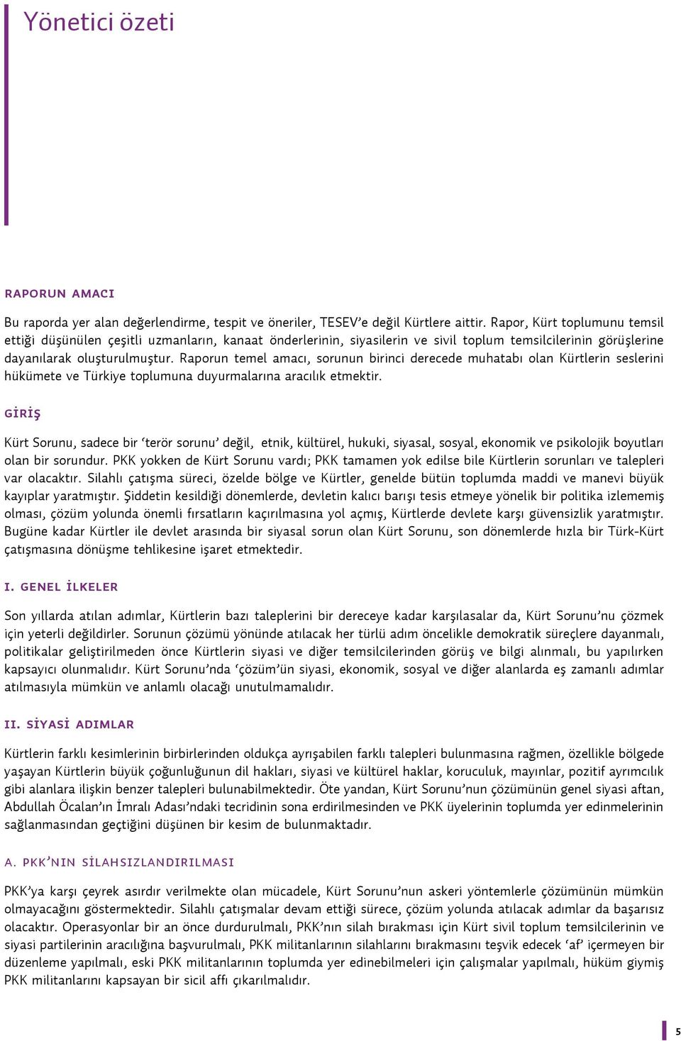 Raporun temel amacı, sorunun birinci derecede muhatabı olan Kürtlerin seslerini hükümete ve Türkiye toplumuna duyurmalarına aracılık etmektir.