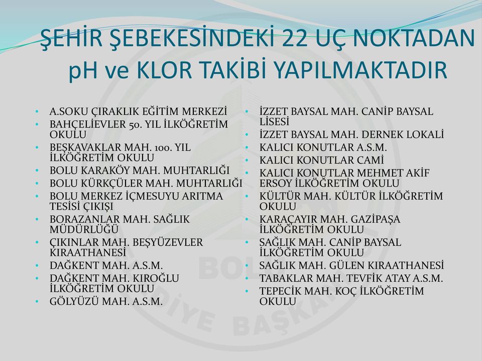 MUHTARLIĞI ERSOY İLKÖĞRETİM OKULU BOLU MERKEZ İÇMESUYU ARITMA TESİSİ ÇIKIŞI KÜLTÜR MAH. KÜLTÜR İLKÖĞRETİM OKULU BORAZANLAR MAH. SAĞLIK MÜDÜRLÜĞÜ KARAÇAYIR MAH. GAZİPAŞA İLKÖĞRETİM OKULU ÇIKINLAR MAH.