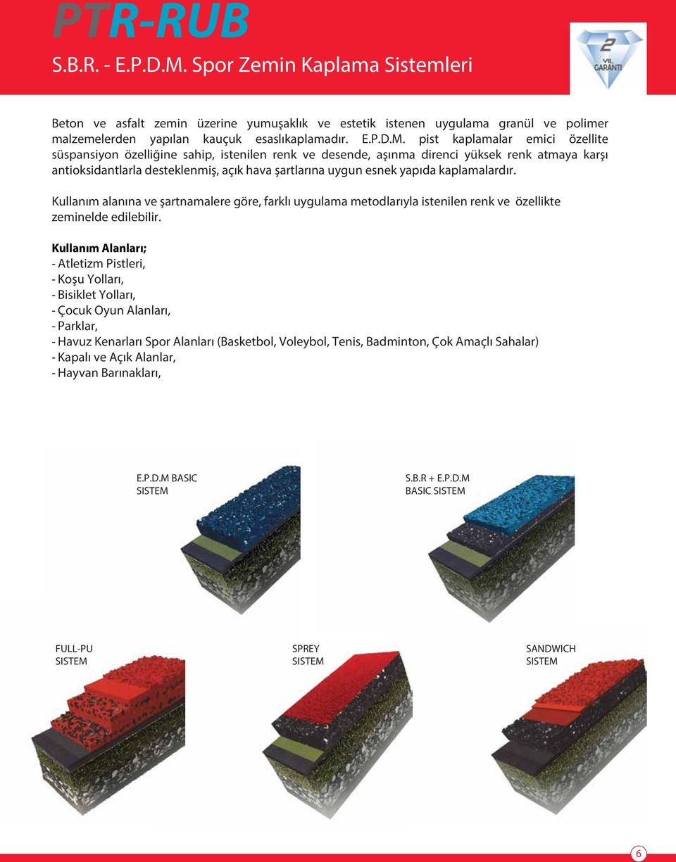 pist kaplamalar emici özellite süspansiyon özelliğine sahip, istenilen renk ve desende, aşınma direnci yüksek renk atmaya karşı antioksidantlarla desteklenmiş, açık hava şartlarına uygun esnek yapıda