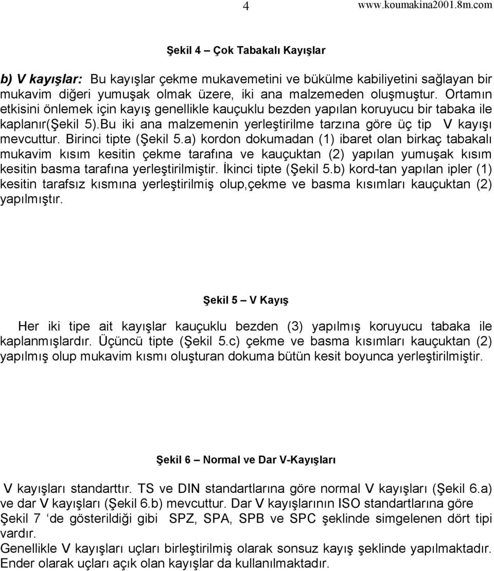 Birinci tipte (Şekil 5.a) kordon dokumadan (1) ibaret olan birkaç tabakalı mukavim kısım kesitin çekme tarafına ve kauçuktan (2) yapılan yumuşak kısım kesitin basma tarafına yerleştirilmiştir.