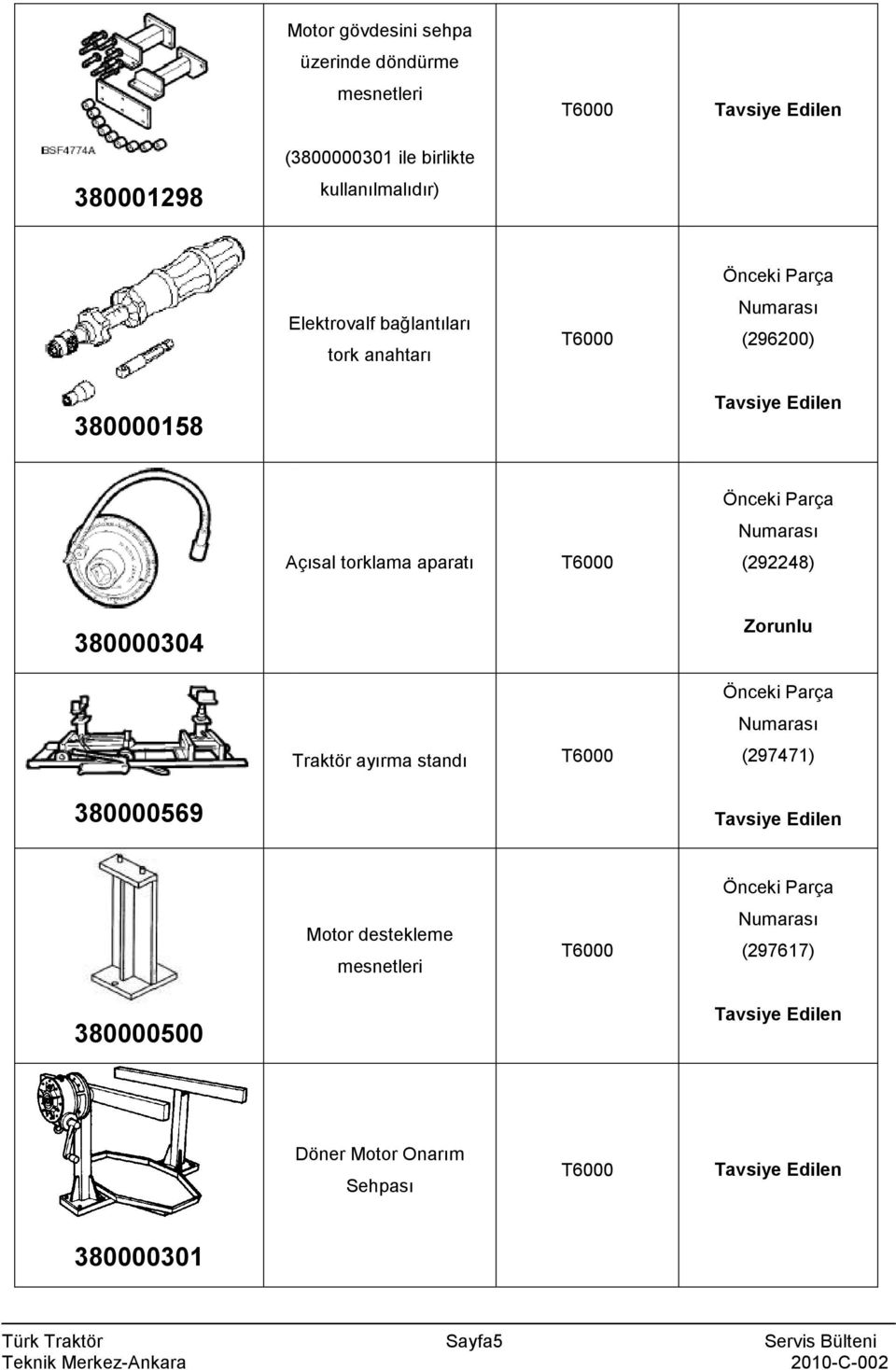 (292248) 380000304 Traktör ayırma standı (297471) 380000569 Motor destekleme