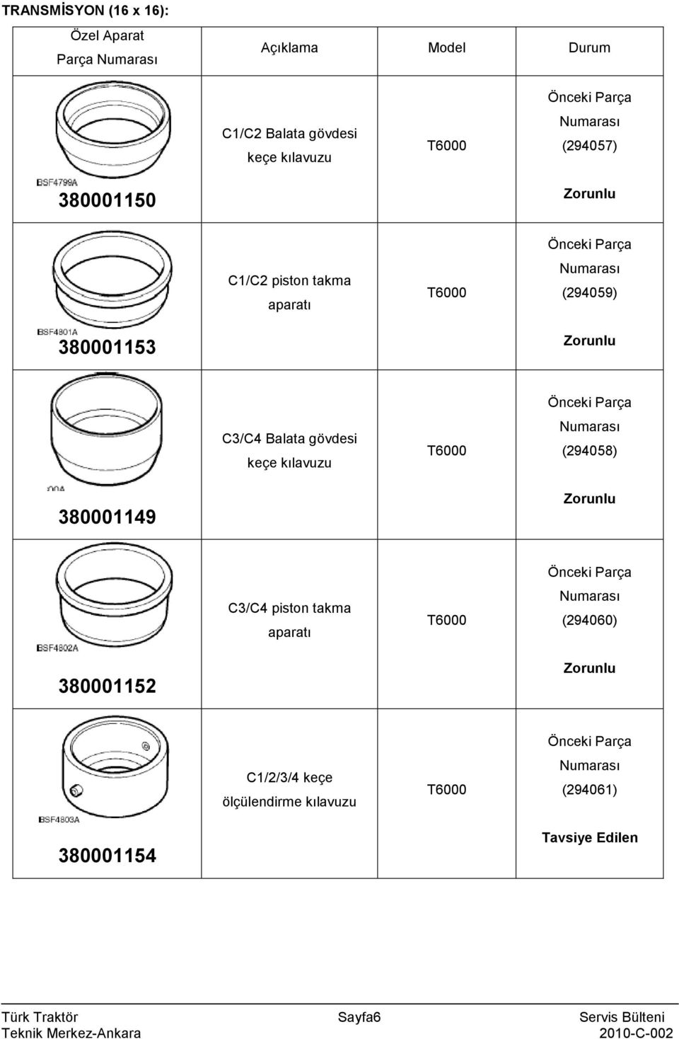 gövdesi keçe kılavuzu (294058) 380001149 C3/C4 piston takma (294060) 380001152