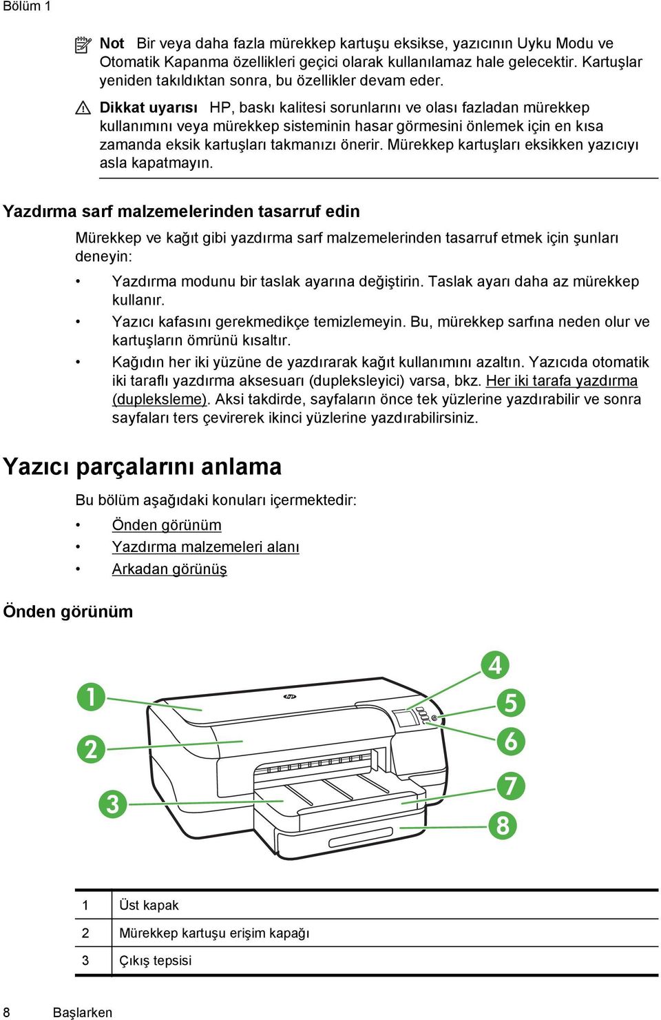 Dikkat uyarısı HP, baskı kalitesi sorunlarını ve olası fazladan mürekkep kullanımını veya mürekkep sisteminin hasar görmesini önlemek için en kısa zamanda eksik kartuşları takmanızı önerir.