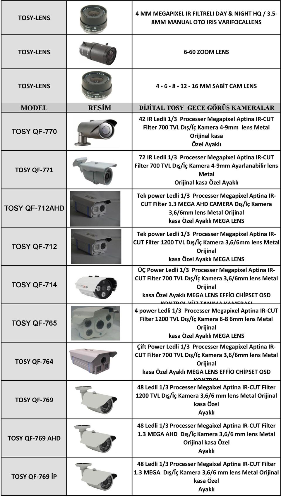 Aptina IR-CUT Filter 700 TVL Dış/Ïç Kamera 4-9mm lens Metal kasa Özel Ayaklı TOSY QF-771 TOSY QF-712AHD TOSY QF-712 TOSY QF-714 TOSY QF-765 TOSY QF-764 TOSY QF-769 TOSY QF-769 AHD TOSY QF-769 İP 72