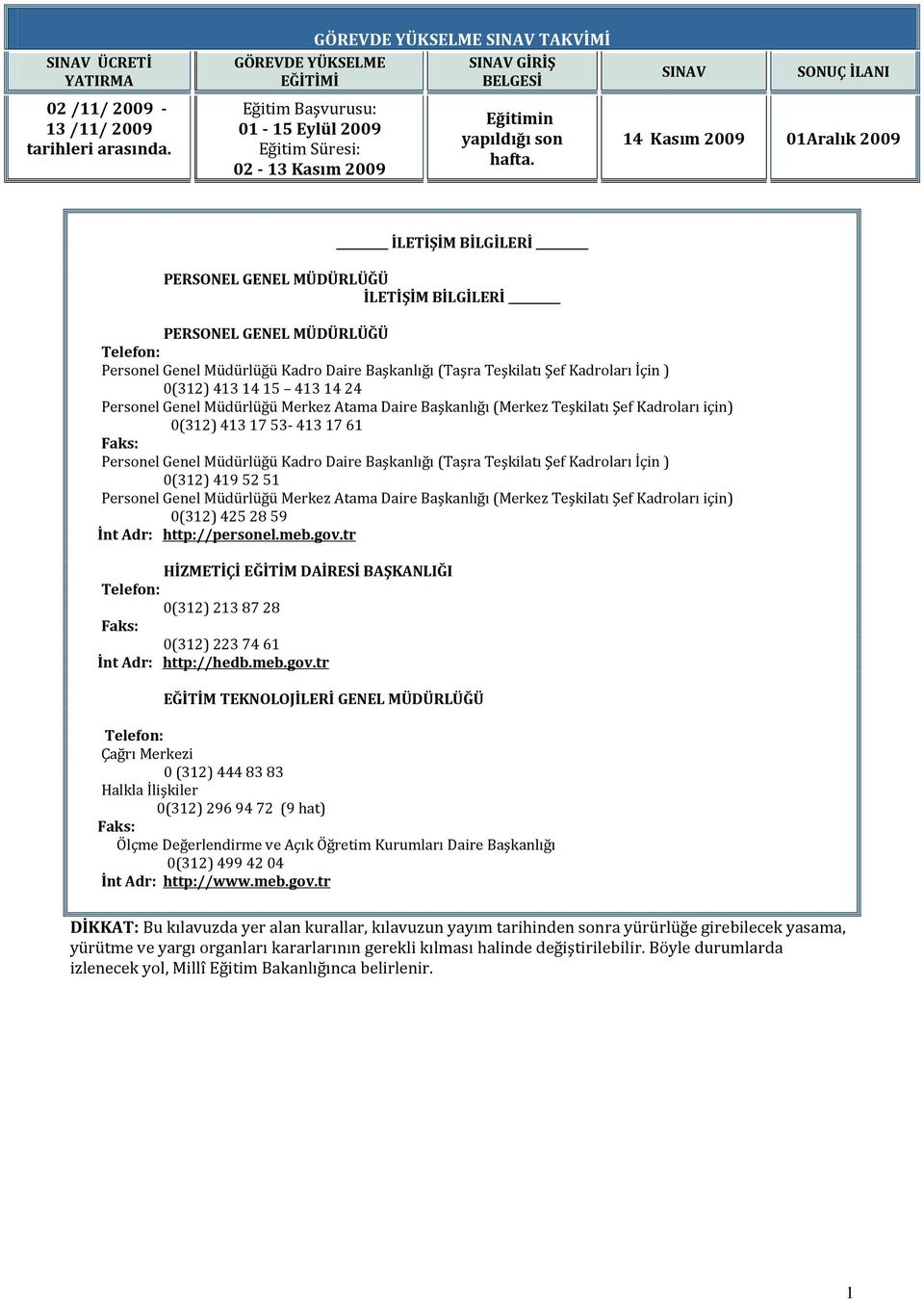 SINAV SONUÇ İLANI 14 Kasım 2009 01Aralık 2009 İLETİŞİM BİLGİLERİ PERSONEL GENEL MÜDÜRLÜĞÜ İLETİŞİM BİLGİLERİ PERSONEL GENEL MÜDÜRLÜĞÜ Telefon: Personel Genel Müdürlüğü Kadro Daire Başkanlığı (Taşra