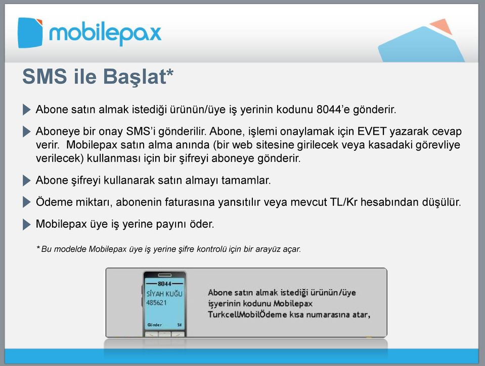 Mobilepax satın alma anında (bir web sitesine girilecek veya kasadaki görevliye verilecek) kullanması için bir şifreyi aboneye gönderir.
