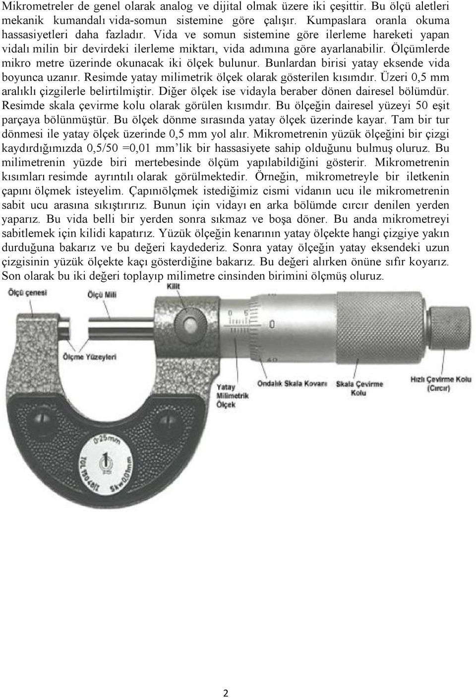 Bunlardan birisi yatay eksende vida boyunca uzanır. Resimde yatay milimetrik ölçek olarak gösterilen kısımdır. Üzeri 0,5 mm aralıklı çizgilerle belirtilmiştir.