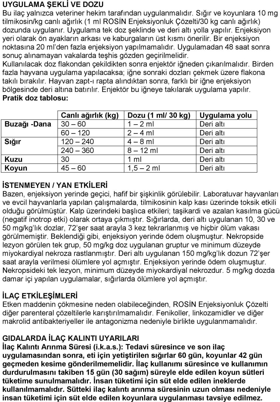 Enjeksiyon yeri olarak ön ayakların arkası ve kaburgaların üst kısmı önerilir. Bir enjeksiyon noktasına 20 ml den fazla enjeksiyon yapılmamalıdır.