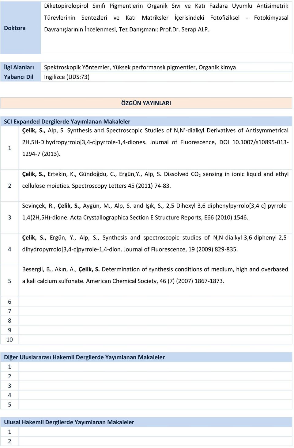 İlgi Alanları Yabancı Dil Spektroskopik Yöntemler, Yüksek performanslı pigmentler, Organik kimya İngilizce (ÜDS:7) ÖZGÜN YAYINLARI SCI Expanded Dergilerde Yayımlanan Makaleler. Çelik, S., Alp, S.