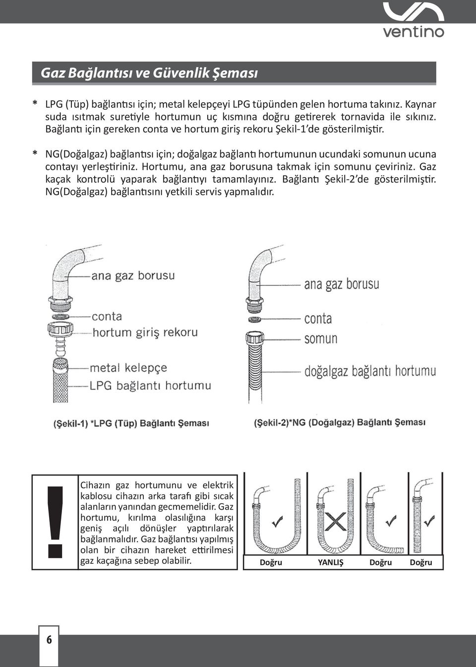 NG(Doğalgaz) bağlantısı için; doğalgaz bağlantı hortumunun ucundaki somunun ucuna contayı yerleştiriniz. Hortumu, ana gaz borusuna takmak için somunu çeviriniz.