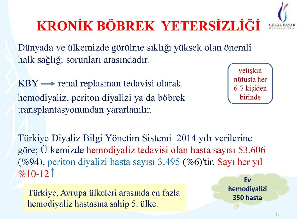 yetişkin nüfusta her 6-7 kişiden birinde Türkiye Diyaliz Bilgi Yönetim Sistemi 2014 yılı verilerine göre; Ülkemizde hemodiyaliz tedavisi olan