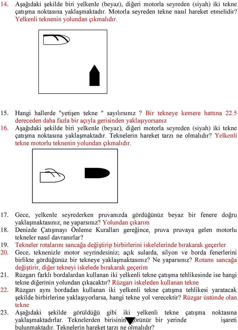 Aşağıdaki şekilde biri yelkenle (beyaz), diğeri motorla seyreden (siyah) iki tekne çatışma noktasına yaklaşmaktadır. Teknelerin hareket tarzı ne olmalıdır?