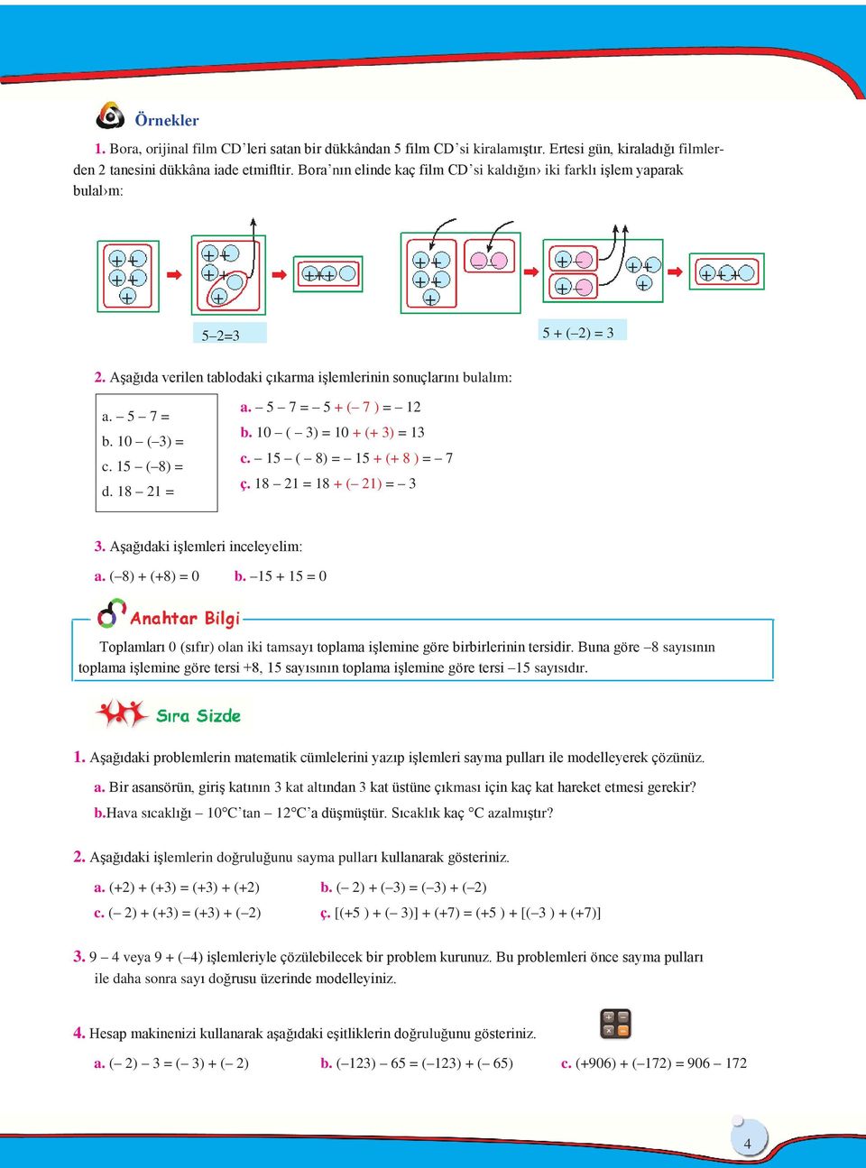 0 ( ) = 0 ( ) = c. ( 8) = ( 8 ) = 7 ç. 8 = 8 ( ) =. Aşağıdaki işlemleri inceleyelim: a. (8) (8) = 0 b. = 0 Toplamları 0 (sıfır) olan iki tamsayı toplama işlemine göre birbirlerinin tersidir.