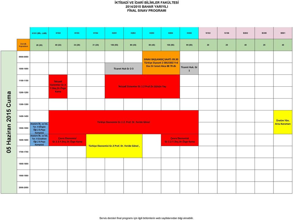Paşa Kampüsü Atatürk İlk. ve İnk. Tar. II (Uzaktan Öğr.) D.Paşa Kampüsü Çevre Ekonomisi Gr.1.2.Y.Doç.Dr.Özge Kama Türkiye Ekonomisi Gr.1.2. Prof.