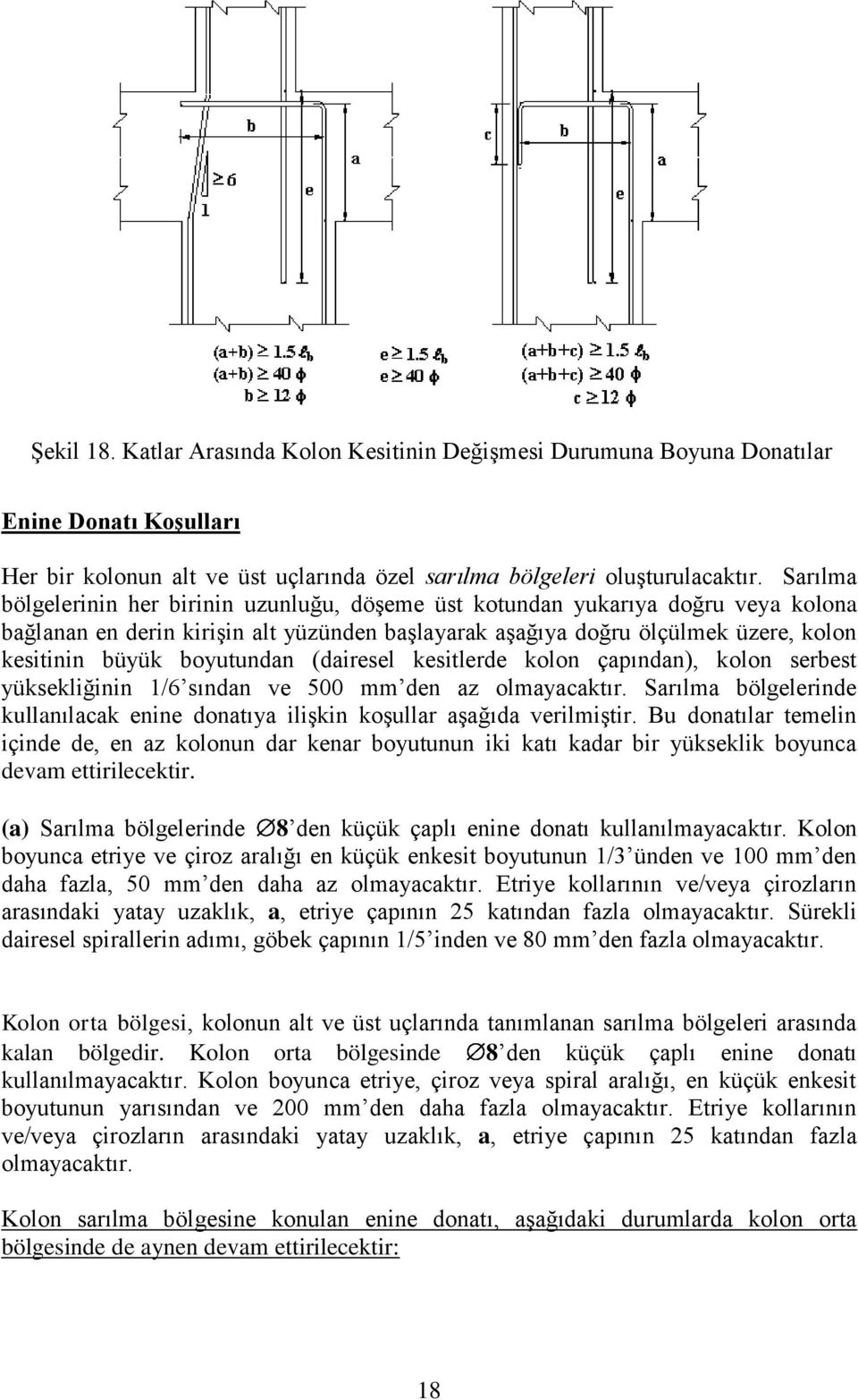 (dairesel kesitlerde kolon çapından), kolon serest yüksekliğinin 1/6 sından ve 500 mm den az olmayacaktır. Sarılma ölgelerinde kullanılacak enine donatıya ilişkin koşullar aşağıda verilmiştir.