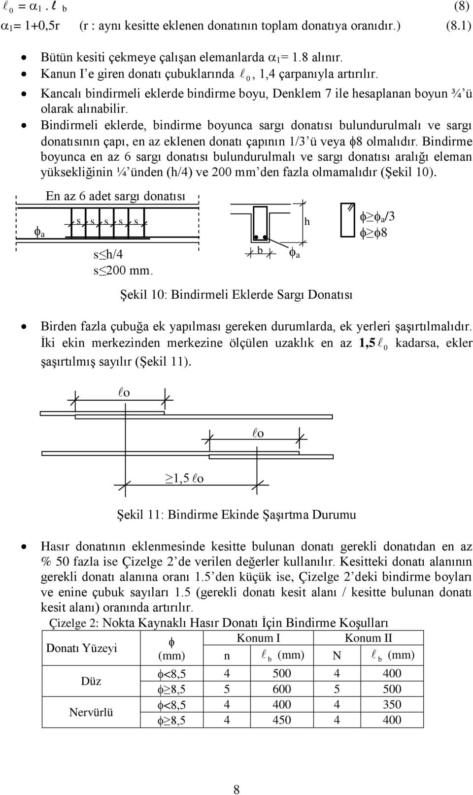 Bindirmeli eklerde, indirme oyunca sargı donatısı ulundurulmalı ve sargı donatısının çapı, en az eklenen donatı çapının 1/3 ü veya 8 olmalıdır.