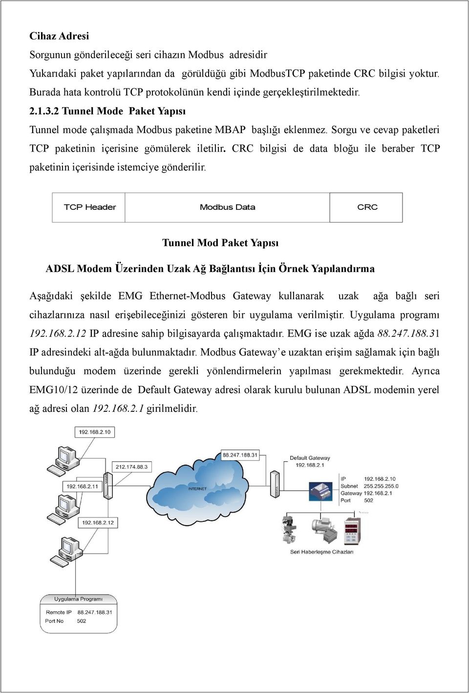 Sorgu ve cevap paketleri TCP paketinin içerisine gömülerek iletilir. CRC bilgisi de data bloğu ile beraber TCP paketinin içerisinde istemciye gönderilir.