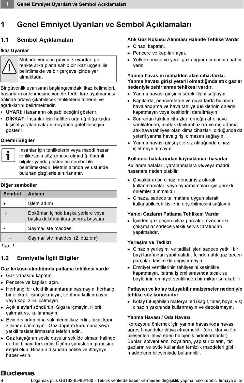 ağırlıklarını belirtmektedir. UYARI: Hasarların oluşabileceğini gösterir. DİKKAT: İnsanlar için hafiften orta ağırlığa kadar kişisel yaralanmaların meydana gelebileceğini gösterir.