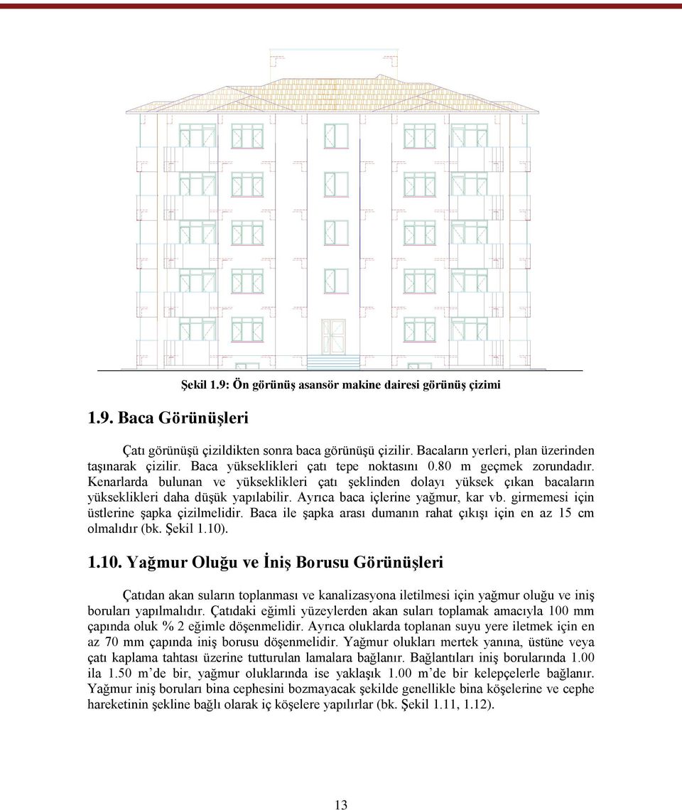 Ayrıca baca içlerine yağmur, kar vb. girmemesi için üstlerine şapka çizilmelidir. Baca ile şapka arası dumanın rahat çıkışı için en az 15 cm olmalıdır (bk. Şekil 1.10)