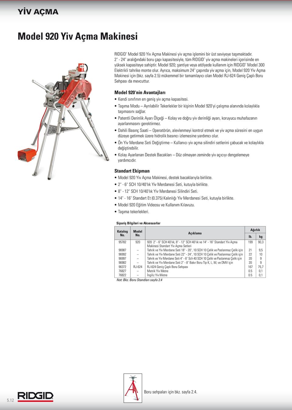 920; şantiye veya atölyede kullanım için RIDGID 300 Elektrikli tahrike monte olur. Ayrıca, maksimum 24" çapında yiv açma için, 920 Yiv Açma Makinesi için (bkz. sayfa 2.