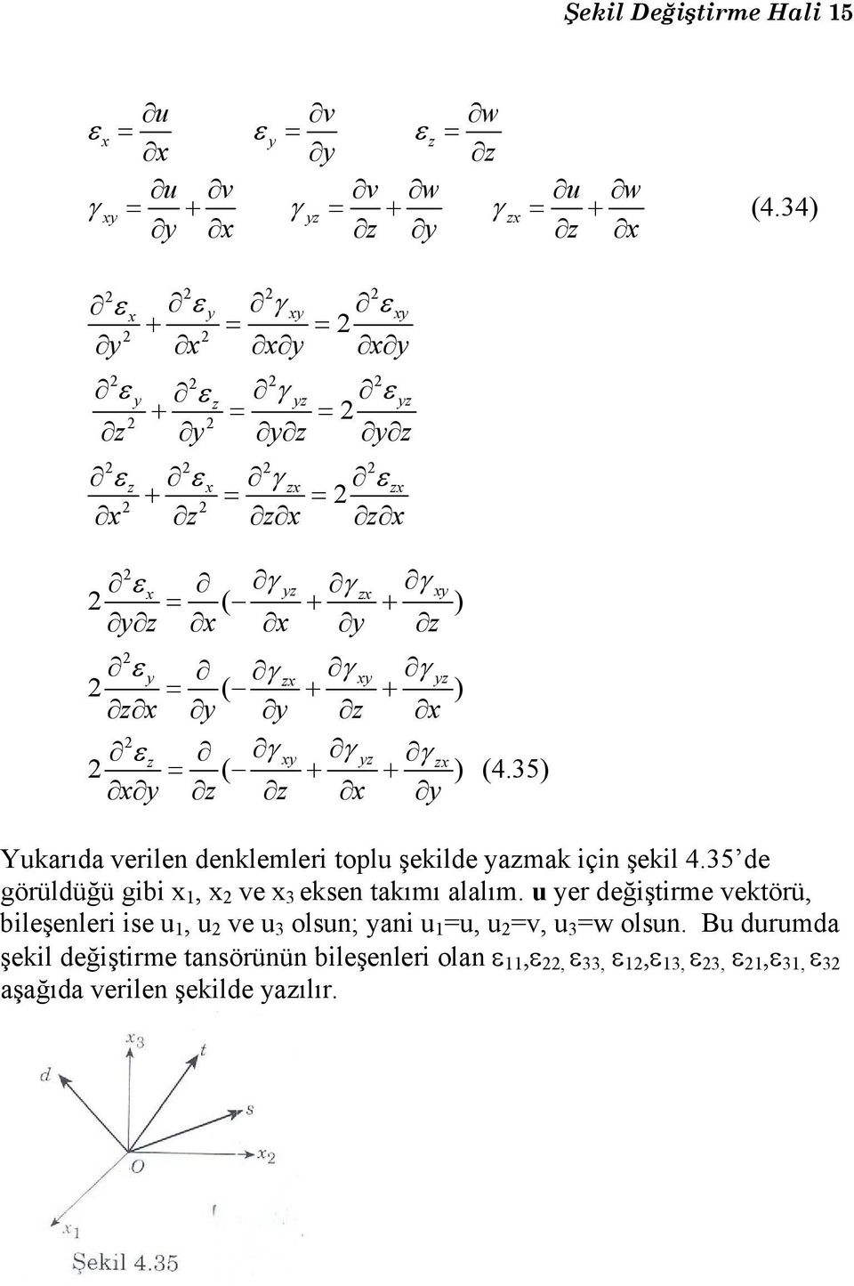 ) zx y y z x 2 z γ xy γ yz γ zx 2 = ( + + ) x y z z x y (4.35) Yukarıda verilen denklemleri toplu şekilde yazmak için şekil 4.