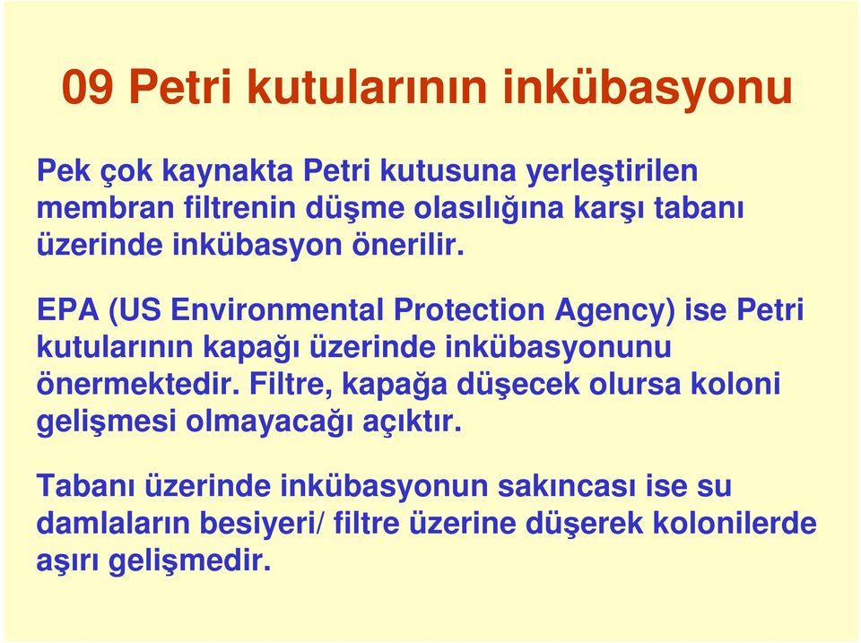 EPA (US Environmental Protection Agency) ise Petri kutularının kapağı üzerinde inkübasyonunu önermektedir.