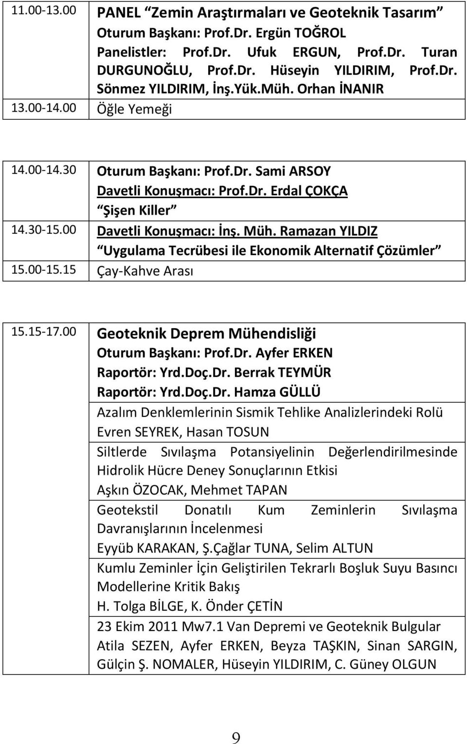 Ramazan YILDIZ Uygulama Tecrübesi ile Ekonomik Alternatif Çözümler 15.00-15.15 Çay-Kahve Arası 15.15-17.00 Geoteknik Deprem Mühendisliği Oturum Başkanı: Prof.Dr. Ayfer ERKEN Raportör: Yrd.Doç.Dr. Berrak TEYMÜR Raportör: Yrd.