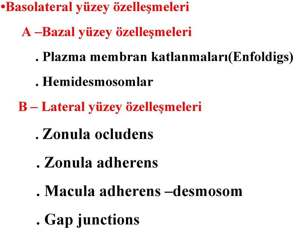 Hemidesmosomlar B Lateral yüzey özelleşmeleri.