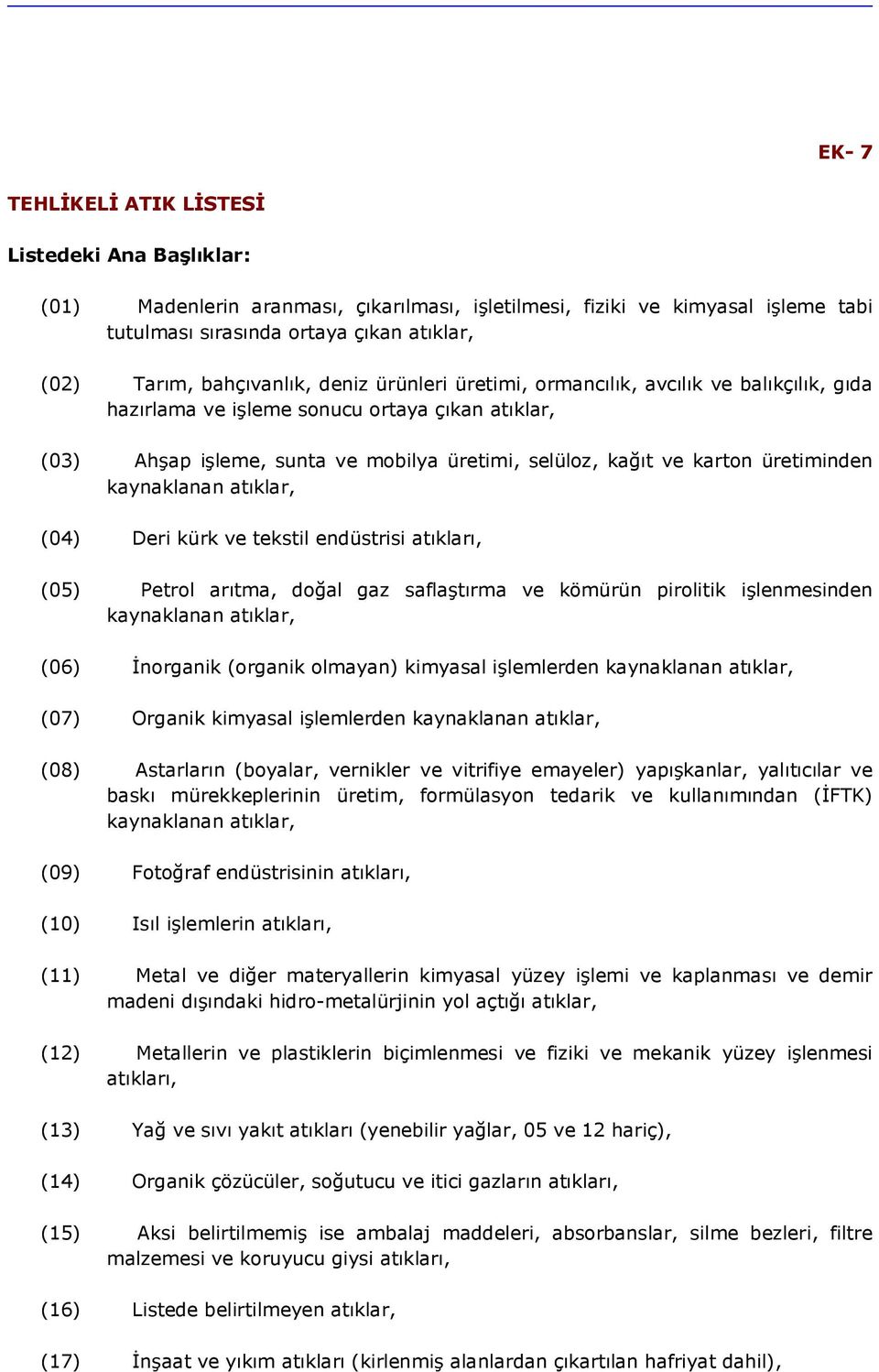 üretiminden kaynaklanan atıklar, (04) Deri kürk ve tekstil endüstrisi atıkları, (05) Petrol arıtma, doğal gaz saflaştırma ve kömürün pirolitik işlenmesinden kaynaklanan atıklar, (06) İnorganik