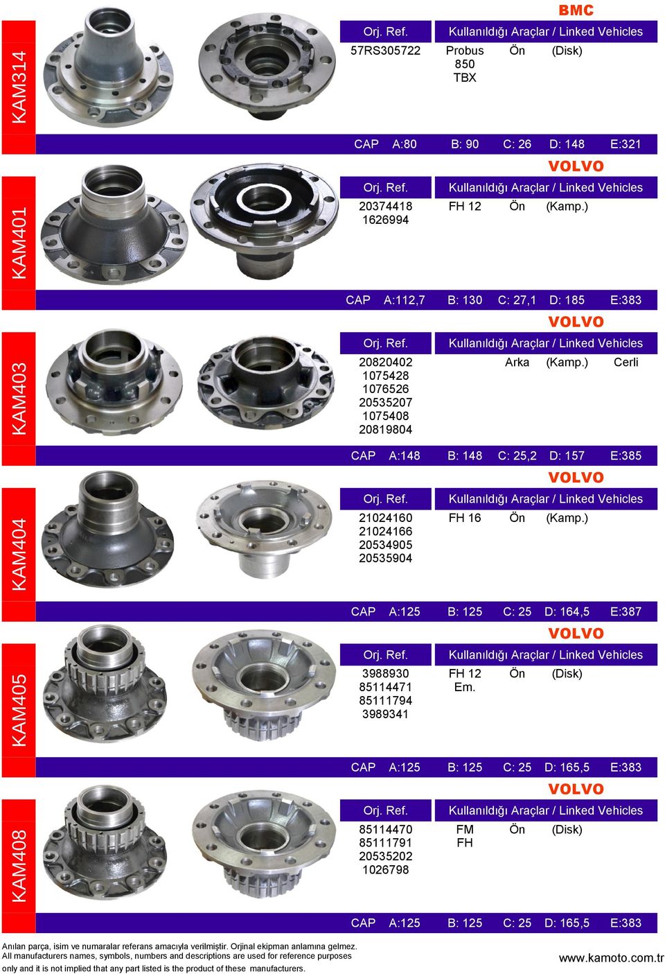 KAM404 21024160 21024166 20534905 20535904 A:125 FH 16 B: 125 D: 164,5 E:387 VOLVO KAM405 3988930 85114471 85111794