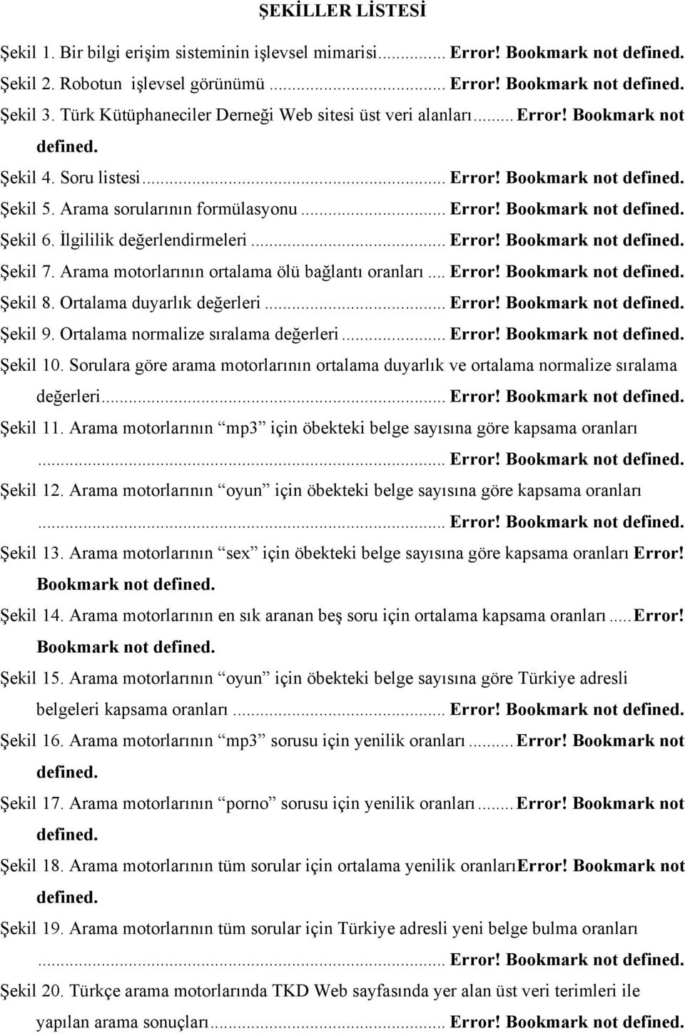 İlgililik değerlendirmeleri... Error! Bookmark not defined. Şekil 7. Arama motorlarının ortalama ölü bağlantı oranları... Error! Bookmark not defined. Şekil 8. Ortalama duyarlık değerleri... Error! Bookmark not defined. Şekil 9.