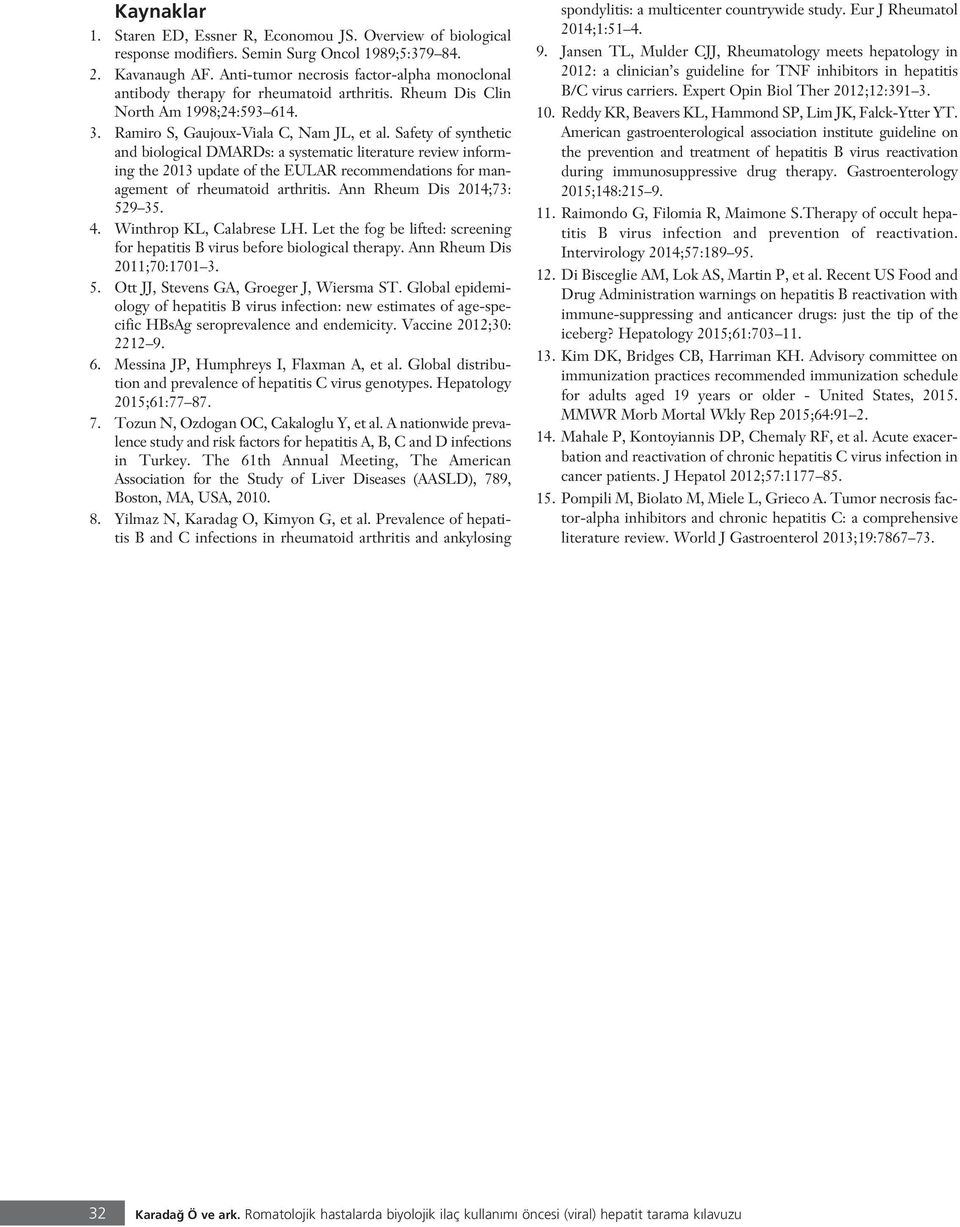 Safety of synthetic and biological DMARDs: a systematic literature review informing the 2013 update of the EULAR recommendations for management of rheumatoid arthritis. Ann Rheum Dis 2014;73: 529 35.