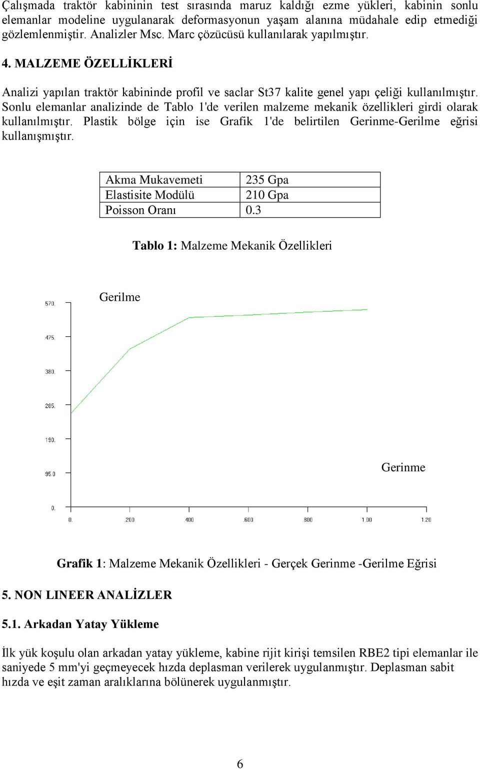 Sonlu elemanlar analizinde de Tablo 1'de verilen malzeme mekanik özellikleri girdi olarak kullanılmıştır. Plastik bölge için ise Grafik 1'de belirtilen Gerinme-Gerilme eğrisi kullanışmıştır.