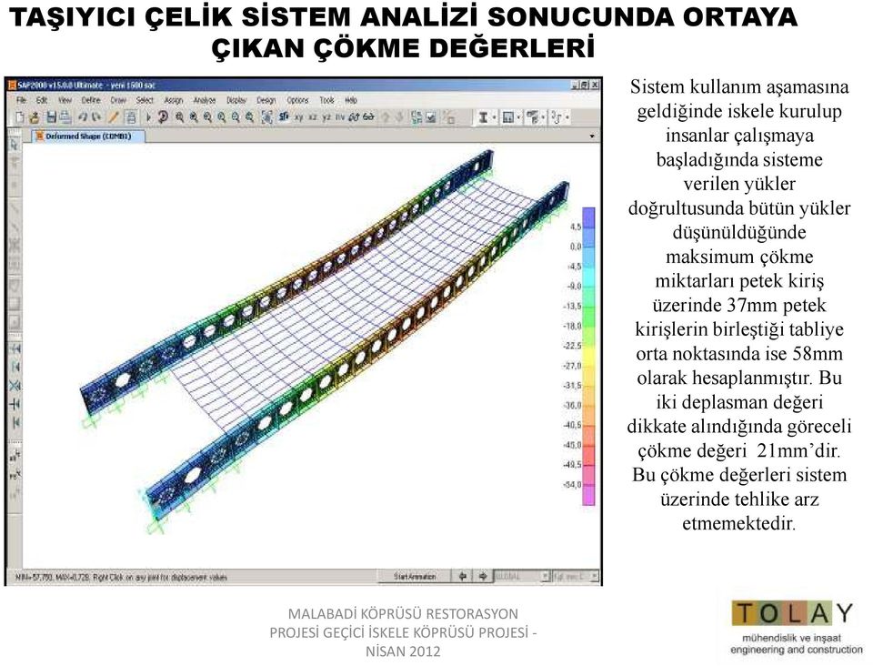 petek kiriş üzerinde 37mm petek kirişlerin birleştiği tabliye orta noktasında ise 58mm olarak hesaplanmıştır.