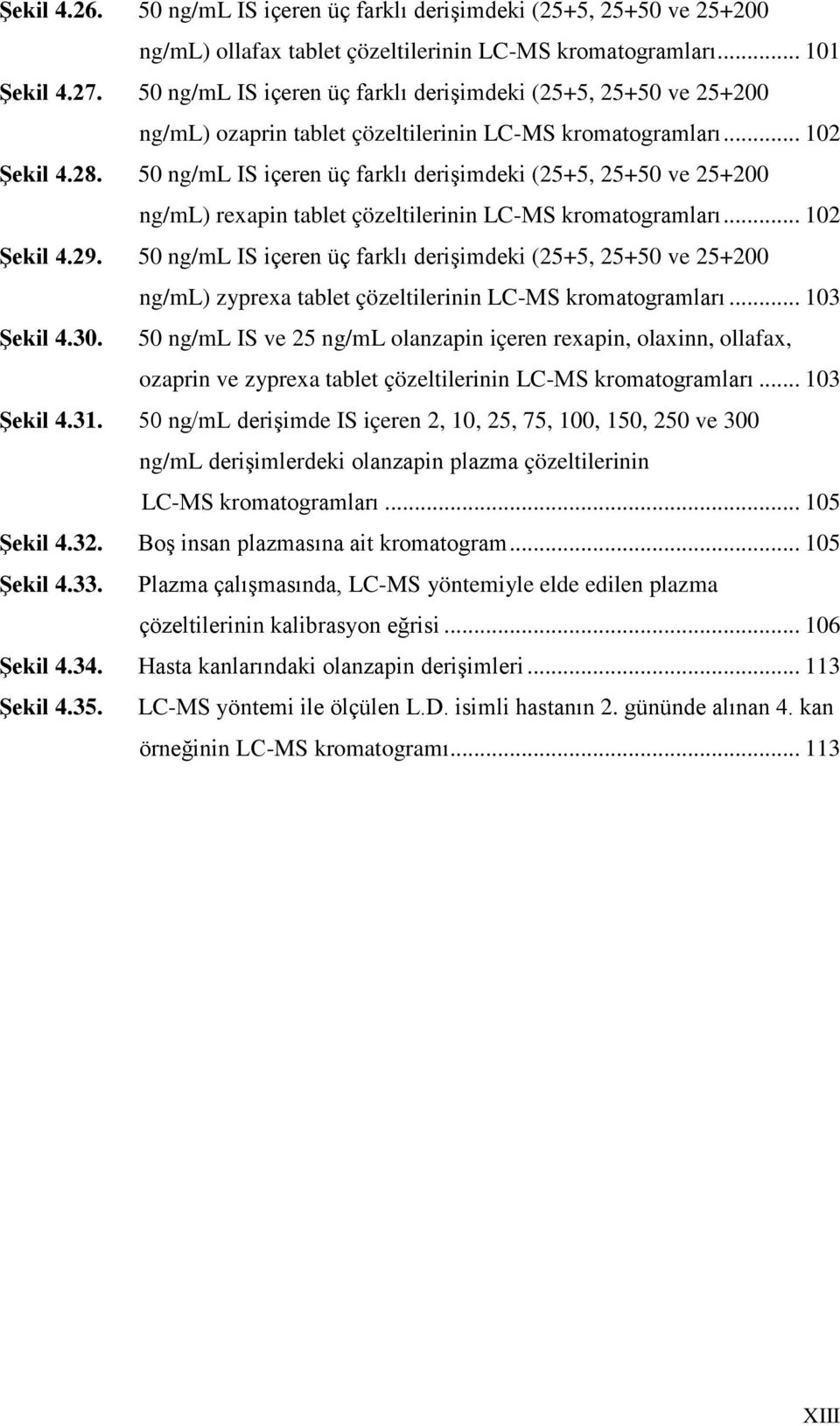50 ng/ml IS içeren üç farklı derişimdeki (25+5, 25+50 ve 25+200 ng/ml) rexapin tablet çözeltilerinin LC-MS kromatogramları... 102 Şekil 4.29.